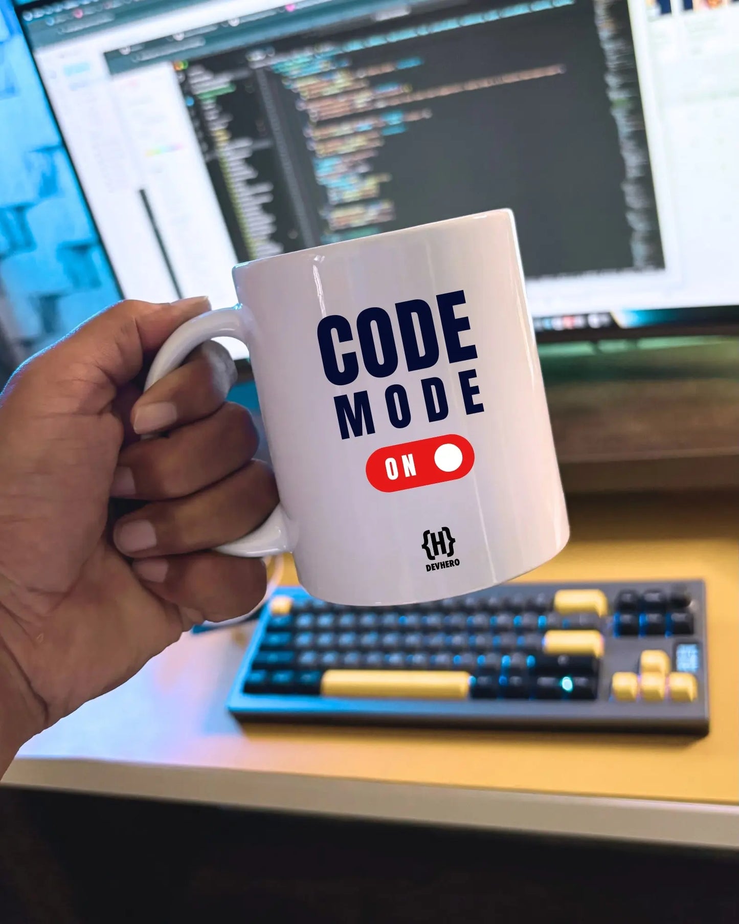 Code Mode ON - DevHero White Coffee Mug | Ceramic Coffee Mug for coders (11oz) DevHero India