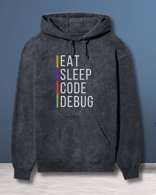 Eat Sleep Code Debug Acid Wash Hoodie - The Perfect Hoodie for Coding Geeks by DevHero DevHero India