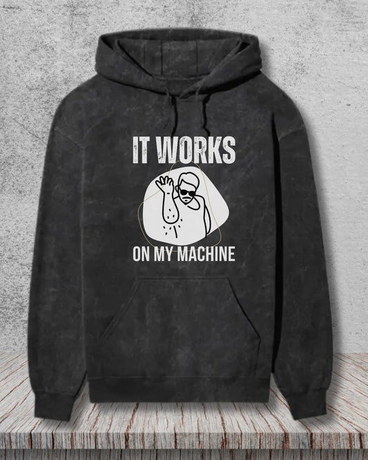 It Works on My Machine (White) - A Fun Coding Geek Hoodie by DevHero | Acid Wash Hoodie DevHero India