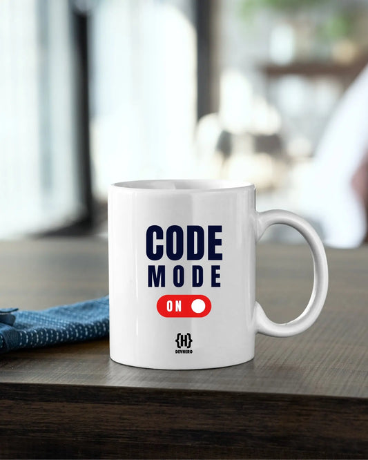 Code Mode ON - DevHero White Coffee Mug | Ceramic Coffee Mug for coders (11oz) DevHero India
