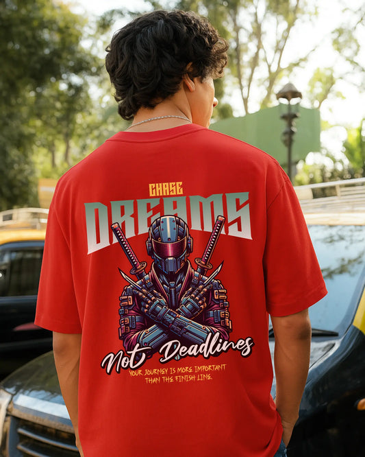 Chase Dreams Not Deadlines | Unisex Oversized T-Shirt for Developers | Red Color DevHero India