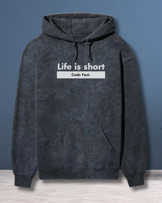 Life is Short, Code Fast - Hustle in a Coding Geek Hoodie by DevHero | Acid Wash Hoodie DevHero India