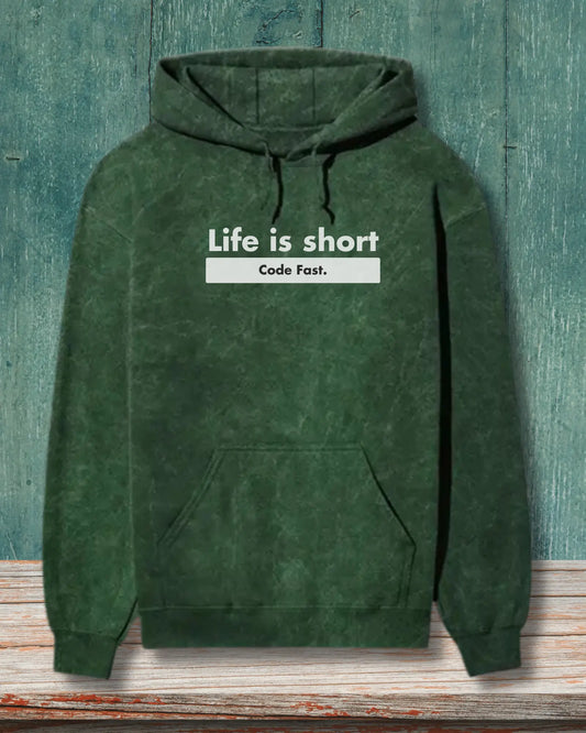 Life is Short, Code Fast - Hustle in a Coding Geek Hoodie by DevHero | Acid Wash Hoodie DevHero India