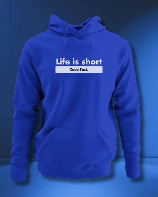 Life is Short, Code Fast - Hustle in a Coding Geek Hoodie by DevHero DevHero India