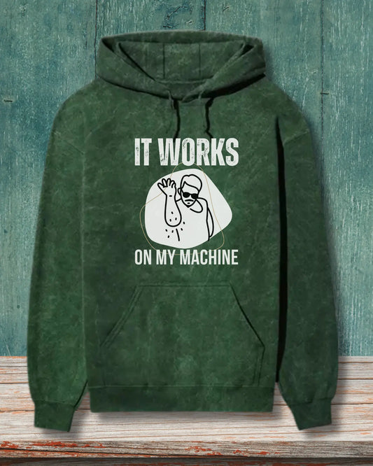 It Works on My Machine (White) - A Fun Coding Geek Hoodie by DevHero | Acid Wash Hoodie DevHero India