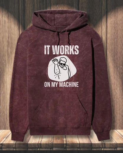 It Works on My Machine (White) - A Fun Coding Geek Hoodie by DevHero | Acid Wash Hoodie DevHero India