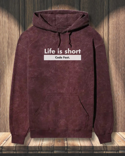 Life is Short, Code Fast - Hustle in a Coding Geek Hoodie by DevHero | Acid Wash Hoodie DevHero India