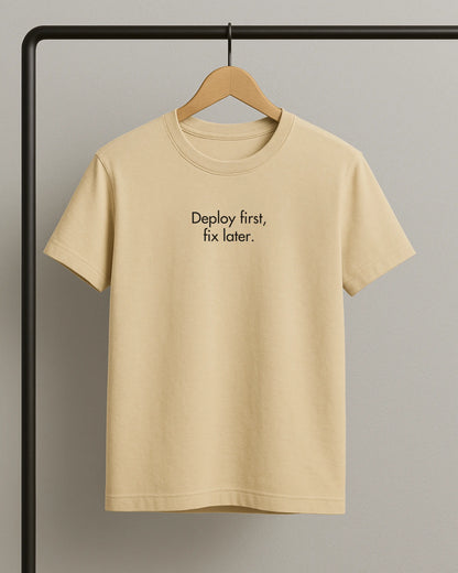 Deploy First Fix Later - White | Premium Supima T-Shirt for Developers DevHero India